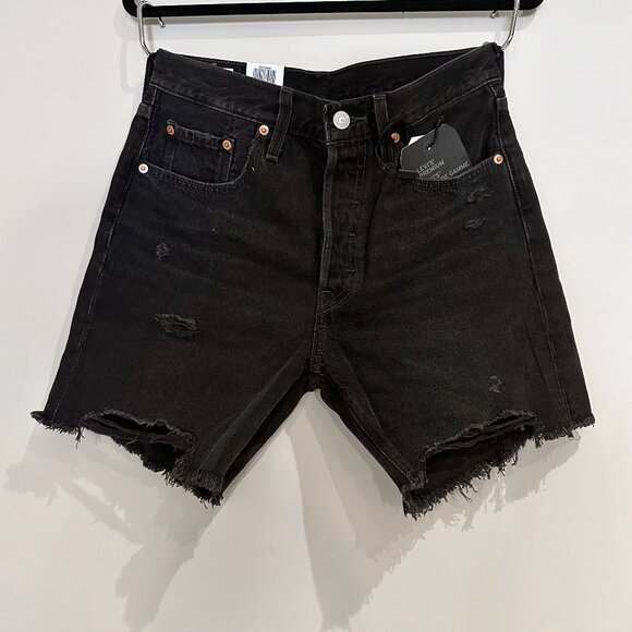 Levi's Mid Length Black Jean Shorts Womens Size 27 Denim Cut Offs Distressed - Picture 1 of 6